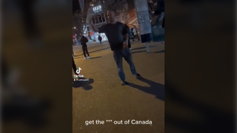 A man shouts anti-gay slurs at a young couple in downtown Vancouver in the early morning hours of Jan. 29, 2023. (Twitter/Jamie Pine)