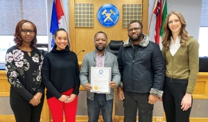 Pictured are Ifeoma Kasimanwuna, left, city councillor Kristin Murray, Suleyman Demi, Everard Kasimanwuna and Timmins Mayor Michelle Boileau. Members of The African Community in Timmins met with Boileau and Murray on Wednesday to read a proclamation to officially launch Black History Month in Timmins. (Lydia Chubak/CTV News)