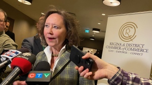 Bronwyn Eyre speaks to the Sask. Chamber of Commerce, promoting the Sask. First Act on Feb. 1, 2023. (Donovan Maess / CTV News) 
