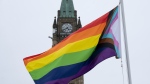 The Pride flag flies on Parliament Hill following a ceremony with Canadian Prime Minister Justin Trudeau, Wednesday, June 1, 2022 in Ottawa. THE CANADIAN PRESS/Adrian Wyld