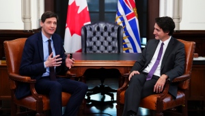 Prime Minister Justin Trudeau meets with with B.C. Premier David Eby in his office on Parliament Hill in Ottawa on Wednesday, Feb. 1, 2023. THE CANADIAN PRESS/Sean Kilpatrick