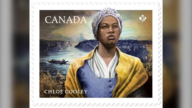 An illustration of Chloe Cooley, a Black woman in Queenston, Upper Canada who attempted to resist her own enslavement is shown on a Canada Post commemorative stamp in this handout photo. On the evening of March. 14, 1793, Cooley was kidnapped by her enslaver, Sergeant Adam Vrooman, who bound and forced her on a boat that lead across the Niagara River to the United States. THE CANADIAN PRESS/HO, Canada Post *MANDATORY CREDIT* 