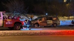 A minivan is pictured following a collision on York Mills Road near the DVP Thursday February 2, 2023. (Mike Nguyen /CP24)