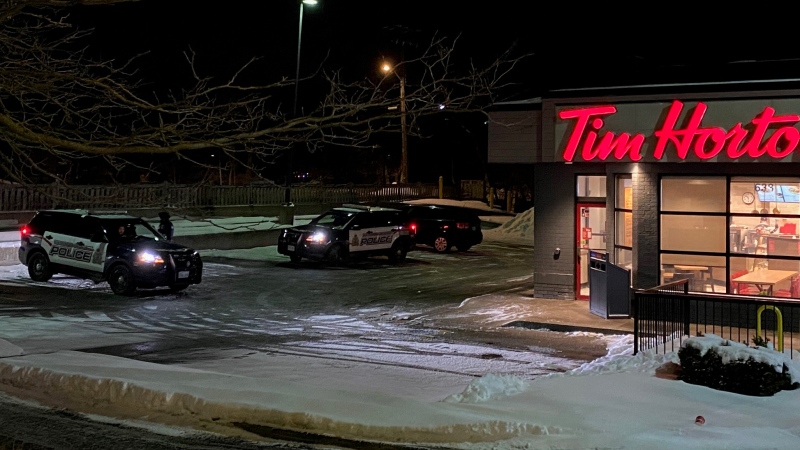 WRPS cruisers seen at a Tim Hortons near Belmont Avenue West and Glasgow Street in Kitchener following a store robbery on Feb. 2 (Terry Kelly/CTV Kitchener)