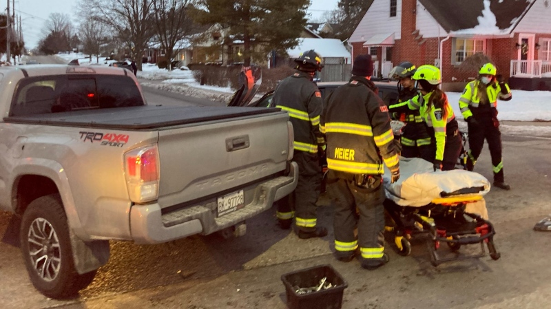 A two-vehicle collision in Woodstock on Feb. 2 sent at least one person to hospital. (Woodstock Fire Department/Twitter)