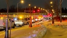 Cars stopped after a GO train in Scarborough crashed into a car on Thursday, Feb. 3, 2023 (CTV News Toronto Francis Gibbs).