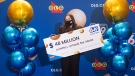 Juliette Lamour of Sault Ste. Marie hold cheque for her $48 million lottery win. Feb. 3/23 (Ontario Lottery and Gaming Corporation)