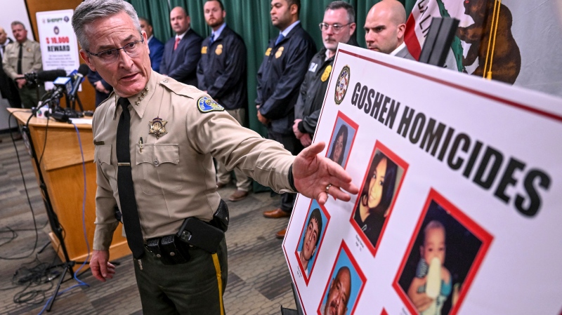Tulare County Sheriff Mike Boudreaux speaks during a news conference Jan. 17, 2023, in Visalia, Calif., about the victims from a shooting the before that left six people dead in Goshen. (Ron Holman/The Times-Delta via AP)