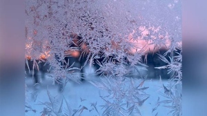 Sun rising through my frosty window in Selkirk. Photo by Doreen Lansky.