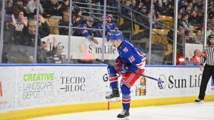 Carson Rehkopf celebrates on the ice at the Aud during a game between the Kitchener Rangers and Guelph Storm on Feb. 3, 2023. (Courtesy: Dan Hamilton/Kitchener Rangers)