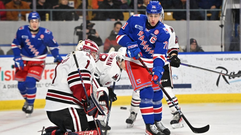 Francesco Pinelli during a game at the Aud between the Kitchener Rangers and Guelph Storm on Feb. 3, 2023. (Courtesy: Dan Hamilton/Kitchener Rangers)