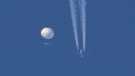 In this photo provided by Brian Branch, a large balloon drifts above the Kingston, N.C. area, with an airplane and its contrail seen below it. The United States says it is a Chinese spy balloon moving east over America at an altitude of about 60,000 feet (18,600 metres), but China insists the balloon is just an errant civilian airship used mainly for meteorological research that went off course due to winds and has only limited "self-steering" capabilities. (Brian Branch via AP)