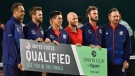 The USA team pose for a photo after playing the Davis Cup qualifier tennis match between Uzbekistan and the USA in Tashkent, Uzbekistan, Saturday, Feb. 4, 2023. The USA sweep into Davis Cup Finals with victory over Uzbekistan. (AP Photo)