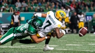 Saskatchewan Roughriders defensive lineman Pete Robertson (45) forces Edmonton Elks receiver Jalin Marshall (7) to fumble the football during the first half of CFL football action at Mosaic Stadium in Regina, Sask., on Friday, September 16, 2022. THE CANADIAN PRESS/Heywood Yu