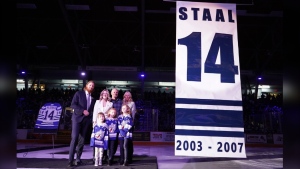 Former Wolves defenceman was honoured for his four outstanding years with the Sudbury hockey club before moving on to the NHL on Friday as the pack retired his jersey. (Supplied)