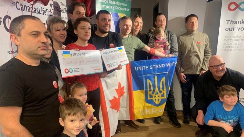 A group of 30 displaced Ukrainians took part in a blood drive in Regina as a way to show their appreciation for Canada welcoming them. (Wayne Mantyka/CTV News)