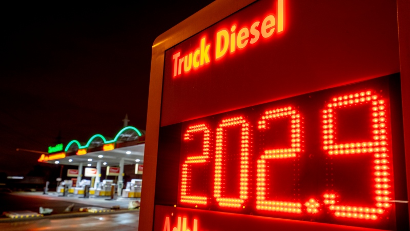 The diesel price for trucks is displayed at a gas station in Frankfurt, Germany on Jan. 27, 2023. A European ban on imports of diesel fuel and other products made from crude oil in Russian refineries takes effect Feb. 5. The goal is to stop feeding Russia's war chest, but it's not so simple. (AP Photo/Michael Probst)