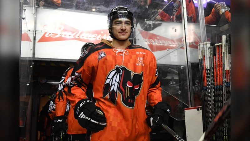 The Hitmen wore specially-designed orange jerseys Saturday, which are being auctioned online to support Siksika minor hockey (Photo: Twitter@WHLHitmen)