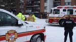 Ottawa firefighters and police at the scene of a hazmat incident on St. Laurent Boulevard. Feb. 5, 2023. (Jean Lalonde/Ottawa Fire Services)