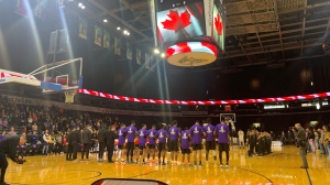 London Lightning players wore purple jerseys to bring awareness to the issue of male violence against women in London, Ont. on Sunday, Feb. 5, 2023. (Jenn Basa/CTV News London)