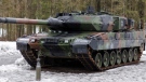 A Leopard 2 A7V tank from the German Army on the barracks grounds during the ceremonial handover for Tank Battalion 104 in Pfreimd, Germany, on Feb. 3, 2023. (Daniel Karmann / dpa via AP)