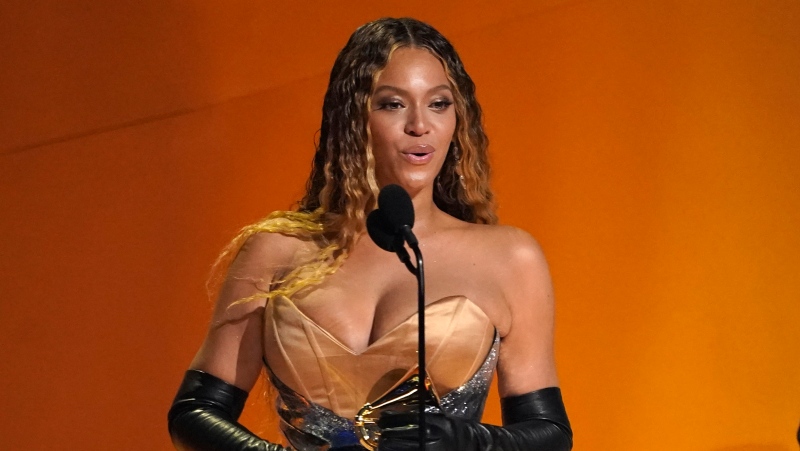 Beyonce accepts the award for best dance/electronic music album for "Renaissance" at the 65th annual Grammy Awards, Feb. 5, 2023, in Los Angeles. (AP Photo/Chris Pizzello)