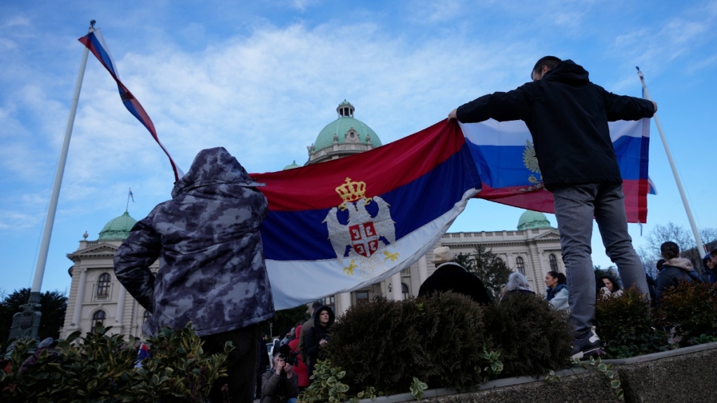 Serbian and Russian flags in Belgrade