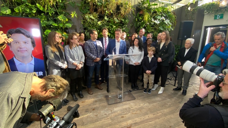 Interim Liberal Leader Marc Tanguay announces Christopher Beanninger as the party's candidate for Saint-Henri-Sainte-Anne (photo: Mayy Grillo / CTV News Montreal)