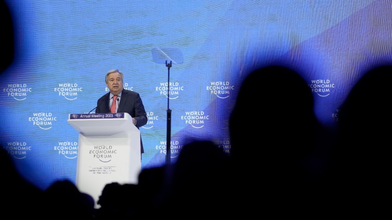 Secretary-General of the United Nations Antonio Guterres speaks at the World Economic Forum in Davos, Switzerland, on Jan. 18, 2023. (Markus Schreiber / AP) 