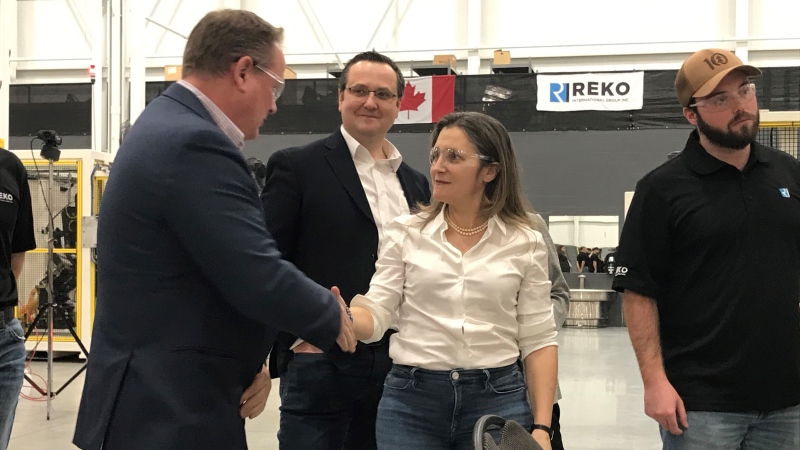 Chrystia Freeland is touring Reko Automation in Lakeshore, Ont., on Monday, Feb. 6, 2023. (Michelle Maluske/CTV News Windsor)