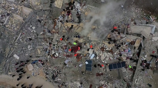 Video shows a massive mountain of rubble following an earthquake in Sarmada, Syria, which killed over 1300 people.