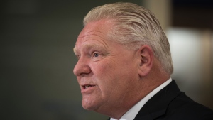 Ontario Premier Doug Ford answers questions following a press conference at a Shoppers Drug Mart pharmacy in Etobicoke, Ont., on Wednesday, January 11, 2023. THE CANADIAN PRESS/ Tijana Martin
