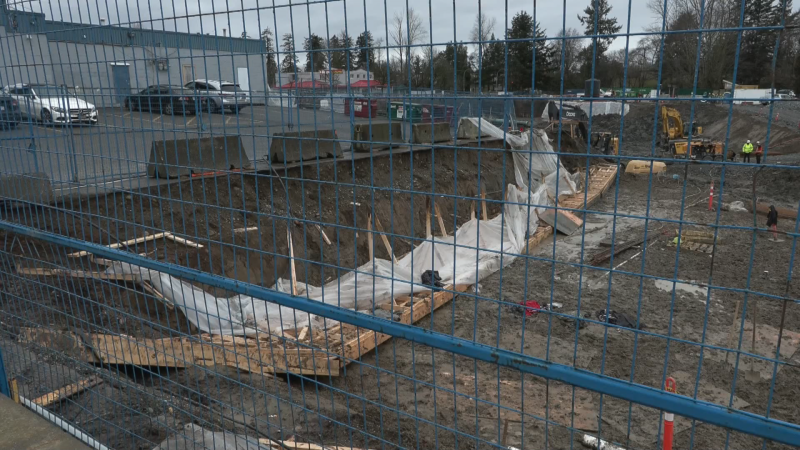 A wall collapsed at a construction site in Langley on Feb. 6, sending two people to hospital with non-life-threatening injuries. (CTV)
