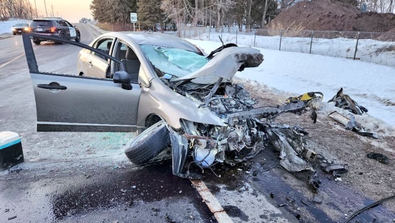 A vehicle involved in a crash in Cambridge on Feb. 6. (OPP/Twitter)