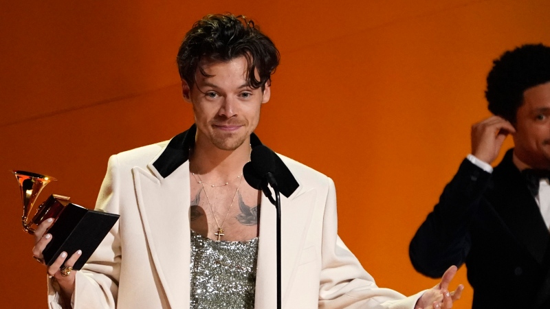 Harry Styles accepts the award for album of the year for "Harry's House" at the 65th annual Grammy Awards on Sunday, Feb. 5, 2023, in Los Angeles. (AP Photo/Chris Pizzello)