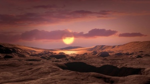 Artist's conception of a rocky Earth-mass exoplanet like Wolf 1069 b orbiting a red dwarf star. If the planet had retained its atmosphere, chances are high that it would feature liquid water and habitable conditions over a wide area of its dayside. (NASA/Ames Research Center/Daniel Rutter)