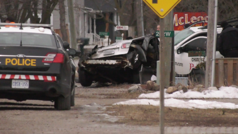 OPP on scene of a double fatal collision in Kingsville, Ont. on Tuesday, Feb. 7, 2023. (Rich Garton/CTV News Windsor)