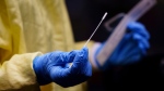 A nurse gets a swab ready to perform a test on a patient at a drive-in COVID-19 clinic in Montreal, on Wednesday, October 21, 2020. THE CANADIAN PRESS/Paul Chiasson 
