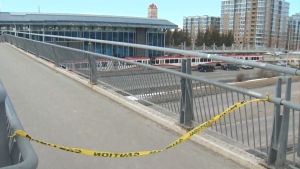Calgary police investigate after a pedestrian was hit by a CTrain at the Dalhousie Station on Tuesday, Jan. 7, 2023. 