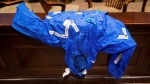 Evidence # 226, a raincoat, is seen during the double murder trial of Alex Murdaugh at the Colleton County Courthouse in Walterboro, S.C., on Monday, Feb. 6, 2023. (Jeff Blake/The State via AP, Pool) 