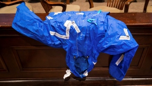 Evidence # 226, a raincoat, is seen during the double murder trial of Alex Murdaugh at the Colleton County Courthouse in Walterboro, S.C., on Monday, Feb. 6, 2023. (Jeff Blake/The State via AP, Pool) 
