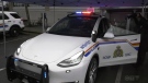 The new electric RCMP vehicle, a Tesla Model Y, is shown at the West Shore RCMP detachment on Vancouver Island, B.C. (CTV News)