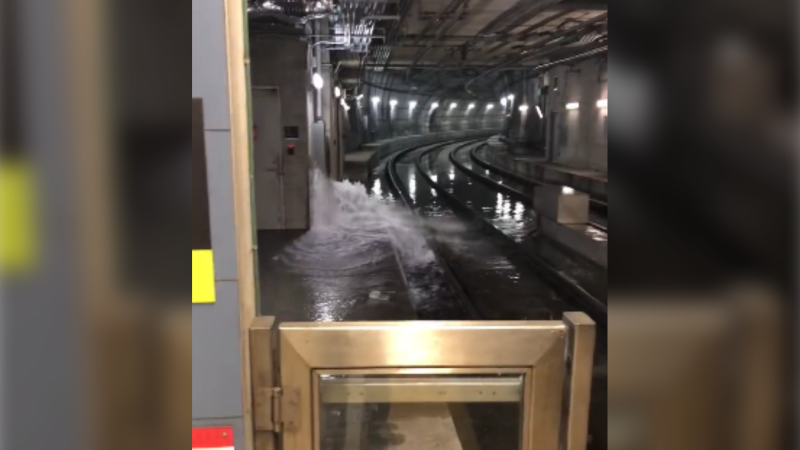 Water is seen leaking from a wall in the Ottawa LRT tunnel at Rideau Station. Feb. 7, 2023. (@Craig58346270/Twitter)