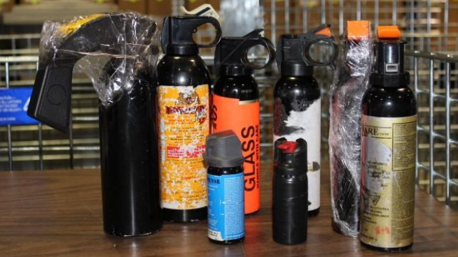Canisters of OC/pepper/bear spray that were seized by Edmonton Police Service officers. (Source: EPS)