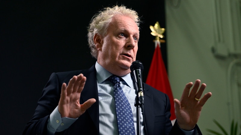 Jean Charest answers questions from reporters after the third debate of the 2022 Conservative Party of Canada leadership race, in Ottawa, on Wednesday, Aug. 3, 2022. THE CANADIAN PRESS/Justin Tang