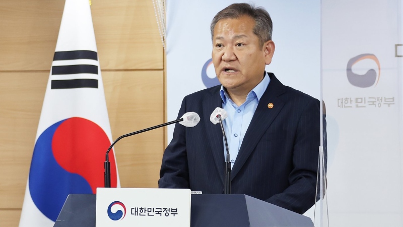 Lee Sang-min, Minister of the Interior and Safety, center, speaks at the government complex in Seoul, South Korea, Thursday, Oct. 6, 2022. (Kim Seung-doo/Yonhap via AP)