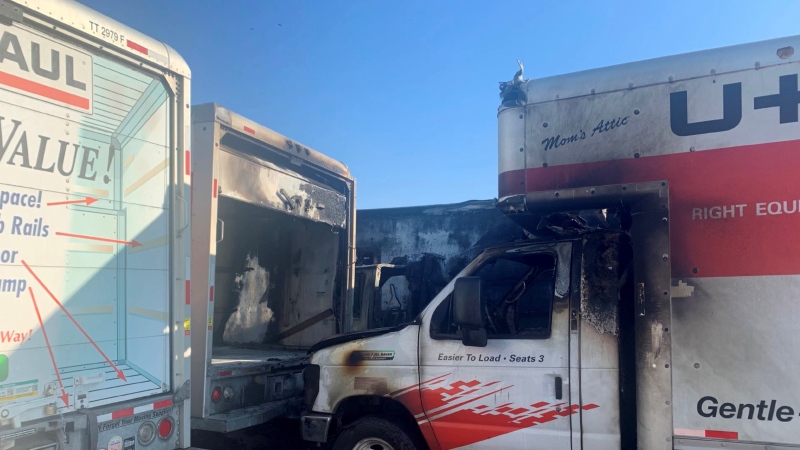 London police are investigating a suspicious fire after several vehicles caught fire fire in the parking lot of a business in London, Ont. on Wednesday, Feb. 8, 2023. (Brent Lale/CTV News London)