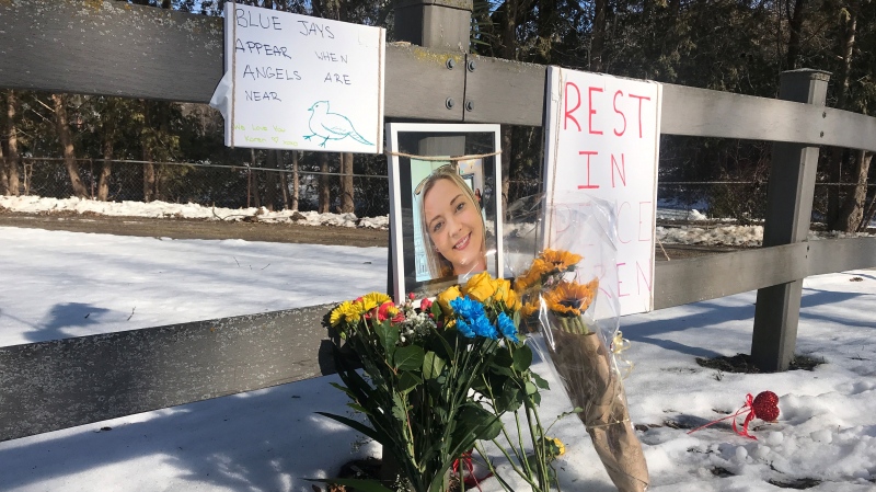 A memorial is up in the area where 30-year-old Karen Cunningham's body was found by Woodstock police. (CTV News/Dan Lauckner)