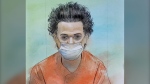 Brandon Aaron as seen in this court sketch on Feb. 8, 2023. (Courtesy: John Mantha)