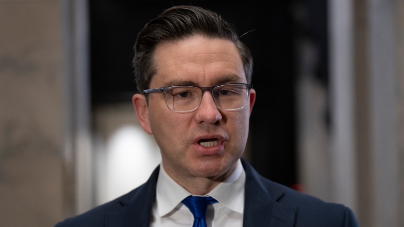 Conservative leader Pierre Poilievre speaks to reporters before attending caucus on Parliament Hill, Wednesday, February 8, 2023 in Ottawa. THE CANADIAN PRESS/Adrian Wyld